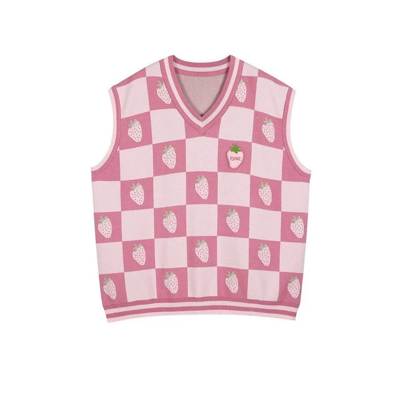 Sweet Pink Plaid V-Neck Sleeveless Knitted Sweater Vest Women Y2k Strawberry Waistcoat Spring Autumncute Vests Tops