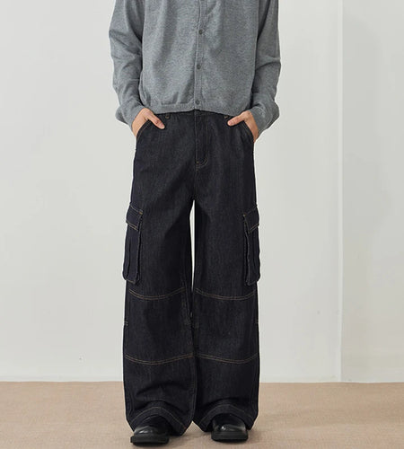 Men's Jeans New American Style Straight Leg Trendy Multi Pockets Line Design Splicing Male Summer Loose Bottoms 9W1900