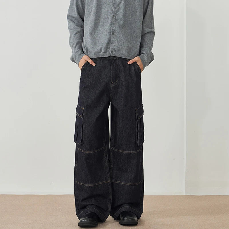 Men's Jeans New American Style Straight Leg Trendy Multi Pockets Line Design Splicing Male Summer Loose Bottoms 9W1900