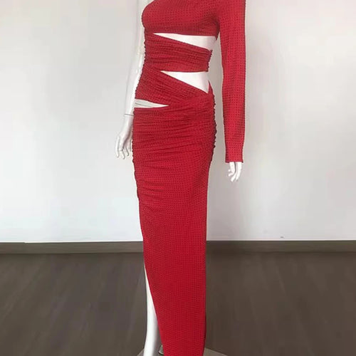 Load image into Gallery viewer, Solid Hollow Out Slimming Dresses For Women Diagonal Collar Long Sleeve High Waist Temperament Dress Female Fashion
