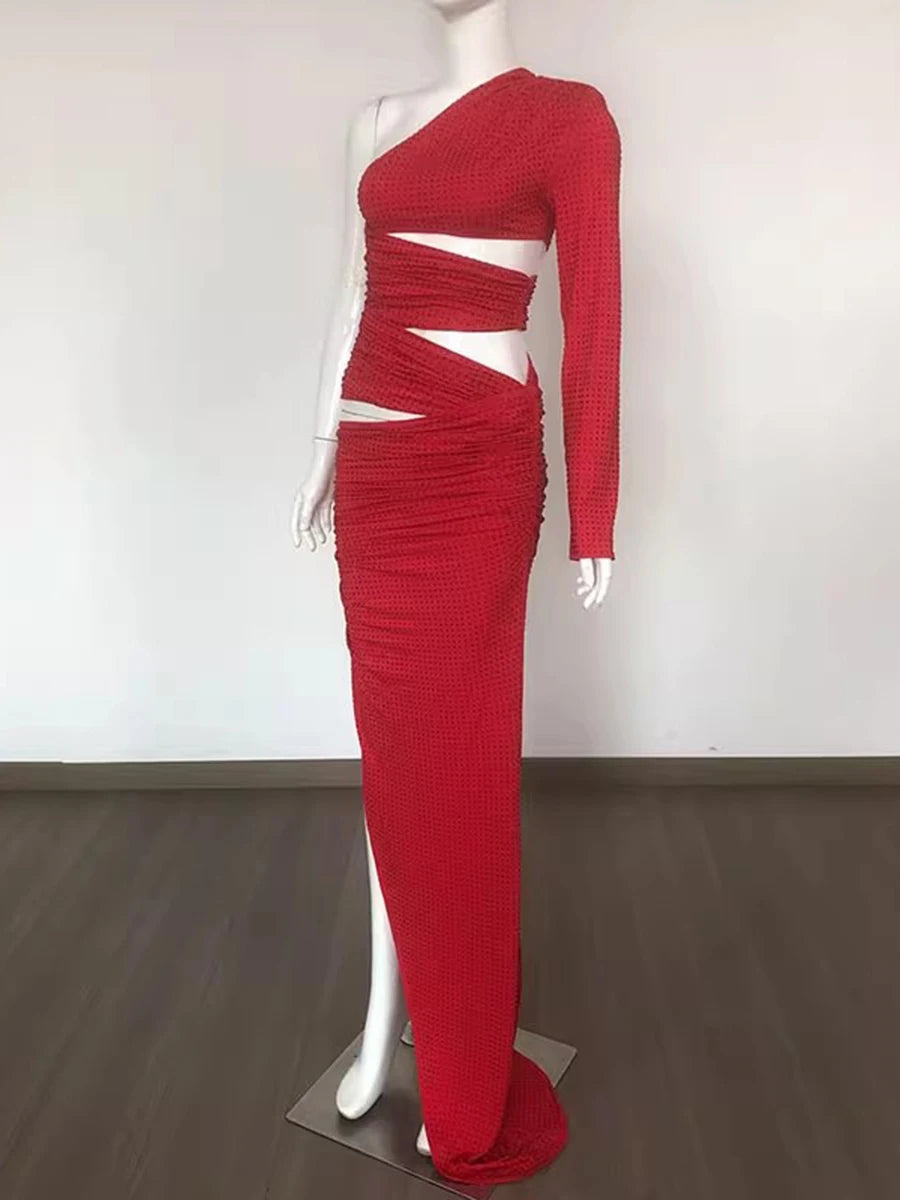 Solid Hollow Out Slimming Dresses For Women Diagonal Collar Long Sleeve High Waist Temperament Dress Female Fashion