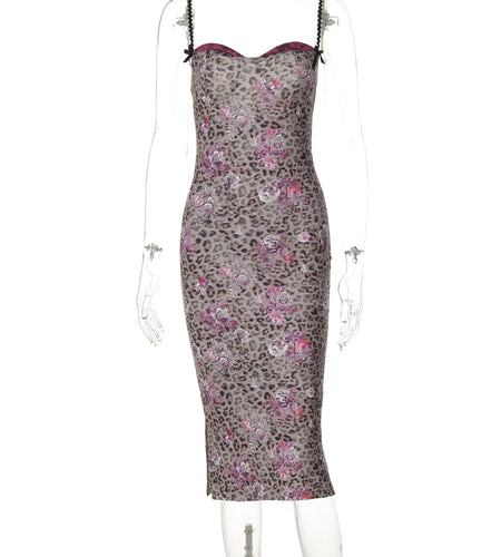 Fashion Leopard Flower Print Slips Backless Bows Sexy Slit Maxi Dress Slim Summer Y2K Outfits Rave Party Festival