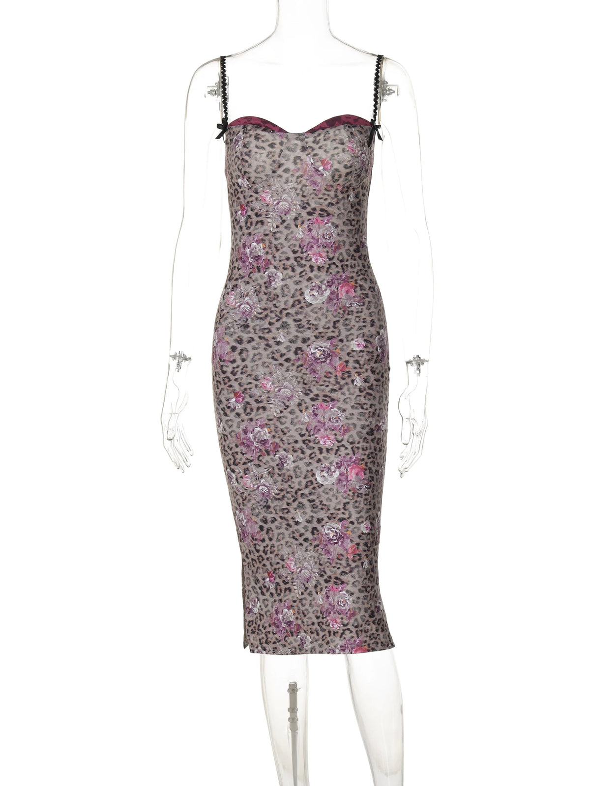 Fashion Leopard Flower Print Slips Backless Bows Sexy Slit Maxi Dress Slim Summer Y2K Outfits Rave Party Festival