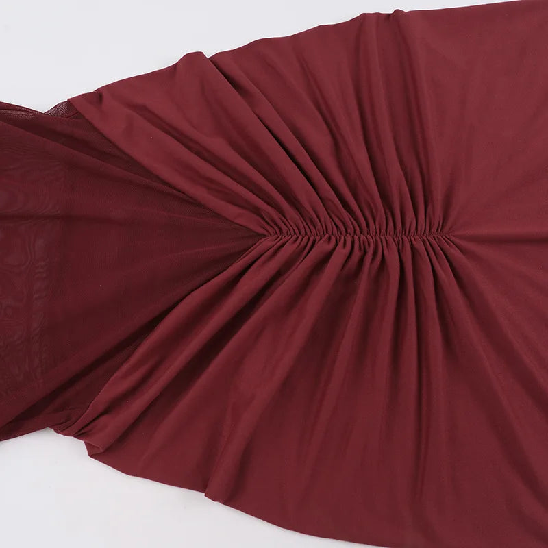 See Through Mesh Sexy Maxi Dress For Women Fashion Square Collar Long Sleeve Ruched Bodycon Club Party Long Dress