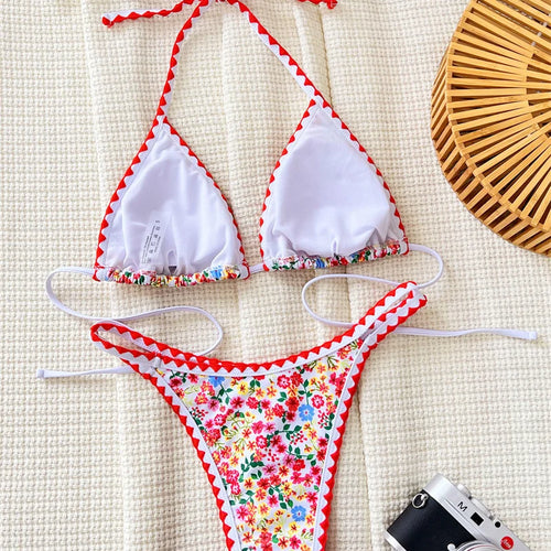 Load image into Gallery viewer, Flower Printed Halter Strappy High Cut Bikini Set Female Swimsuit Women Swimwear Floral Bathing Suit for Women
