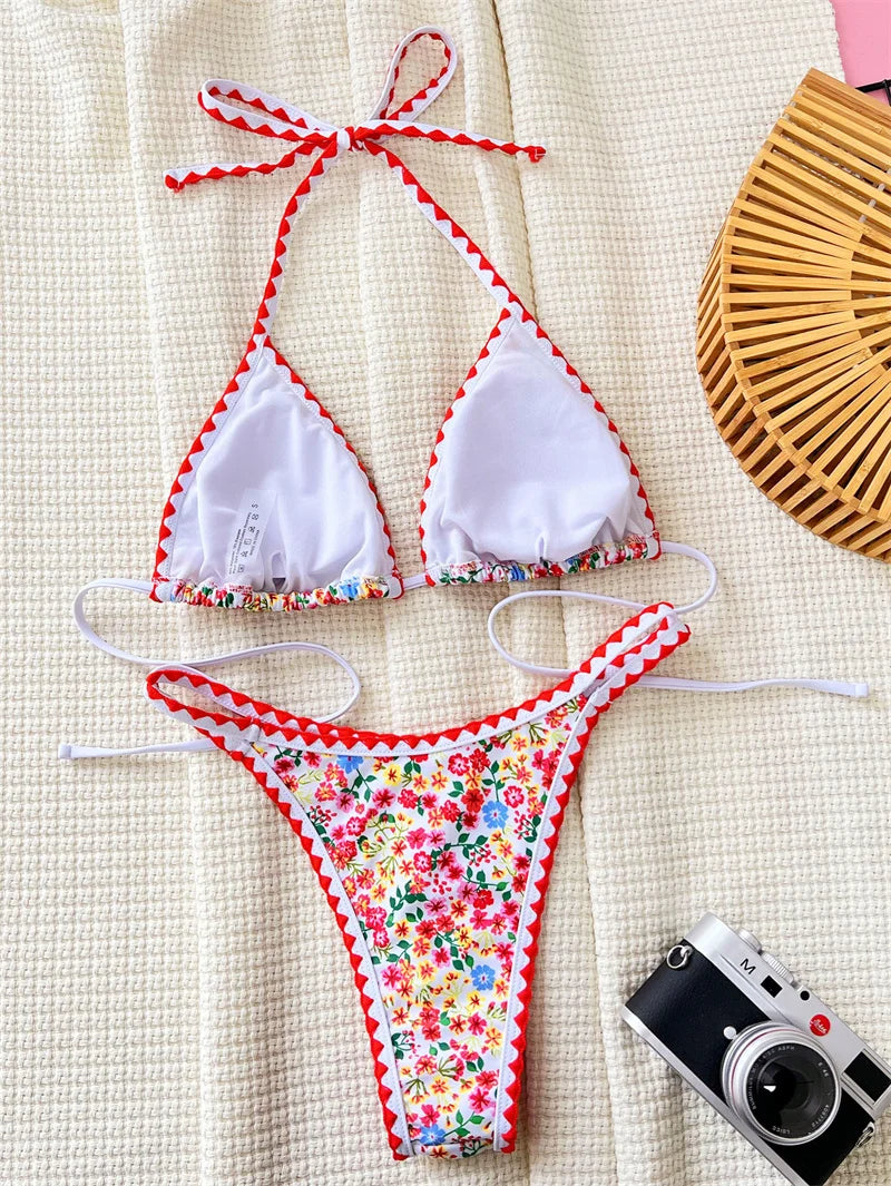 Flower Printed Halter Strappy High Cut Bikini Set Female Swimsuit Women Swimwear Floral Bathing Suit for Women