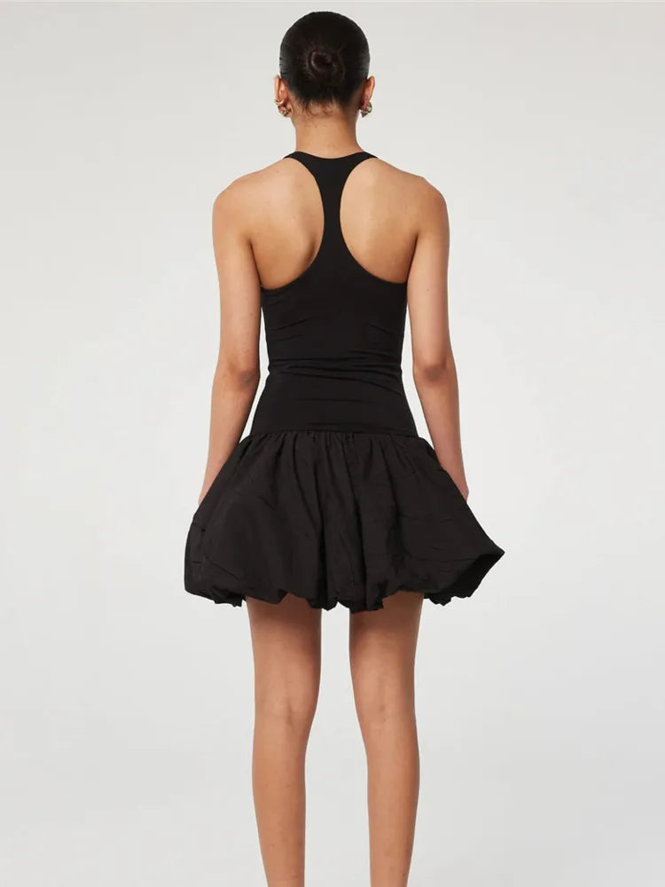 Black Sleeveless Puffy Dress For Women Fashion Round Neck High Waist Backless A-line Loose Sexy Dress Clothes