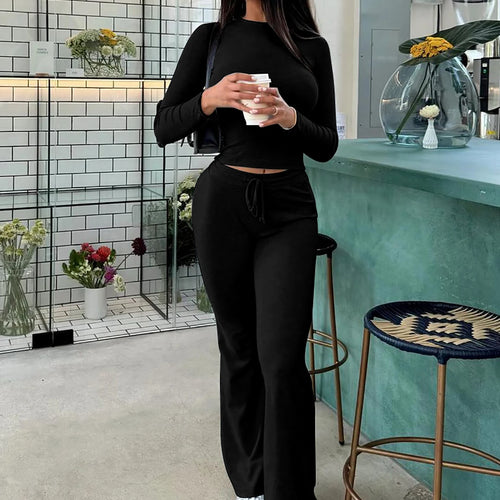 Load image into Gallery viewer, Women Casual 2 Pcs Sets Solid Long Sleeve Slim Crop T-Shirt Bandage Flare Pants Fall Y2K Outfits Streetwear Work Out
