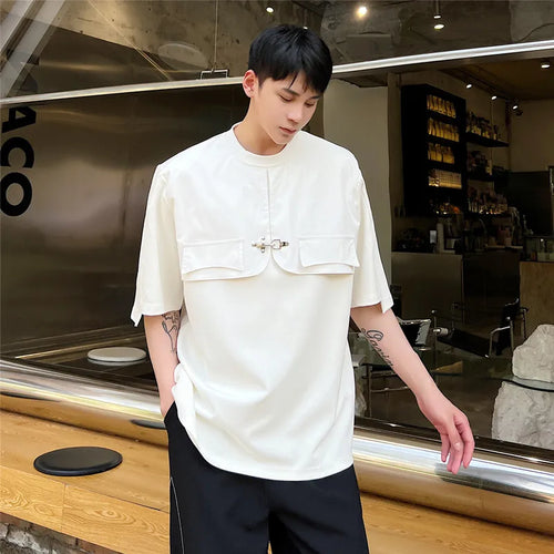 Load image into Gallery viewer, Summer Patchwork Men T-shirts Fake Two-piece Short Sleeve New Male Tops Metal Button Fashion Motorcycle Style 6193
