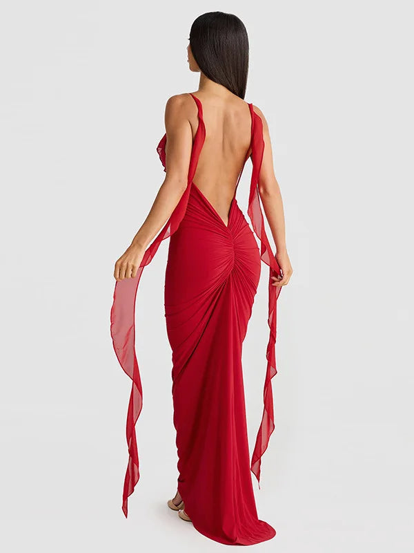 Sexy Spaghetti Strap Naked Back 3D Flower Women Dress Elegant V-neck Long Skirt Bodycon Strap Party Club Evening Dress