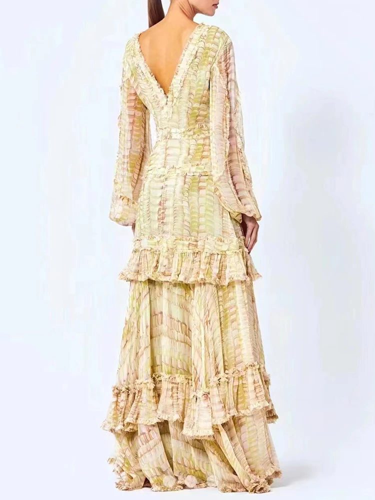 Ruffle Trim Autumn Dress For Women V Neck Puff Sleeve High Waist Print Colorblock Vintage 2022 Midi Dresses Female Fashion