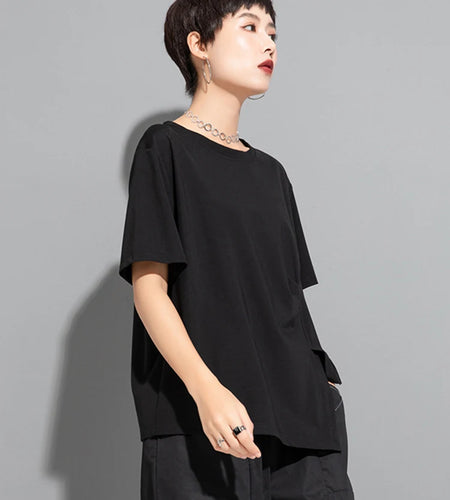Women Black Irregular Hem Big Size Casual T-shirt New Round Neck Short Sleeve Fashion Tide Spring Summer 2025 1DJ1770