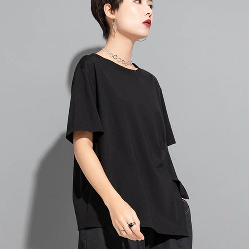 Load image into Gallery viewer, Women Black Irregular Hem Big Size Casual T-shirt New Round Neck Short Sleeve Fashion Tide Spring Summer 2025 1DJ1770
