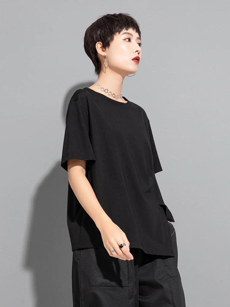 Women Black Irregular Hem Big Size Casual T-shirt New Round Neck Short Sleeve Fashion Tide Spring Summer 2025 1DJ1770