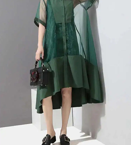 Women Green Organza Irregular Shirt Dress New Stand Collar Half Sleeve Loose Fit Fashion Tide Spring Summer 2025 JT581