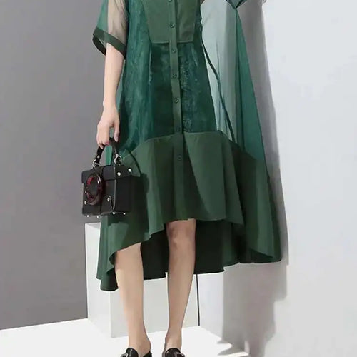 Load image into Gallery viewer, Women Green Organza Irregular Shirt Dress New Stand Collar Half Sleeve Loose Fit Fashion Tide Spring Summer 2025 JT581
