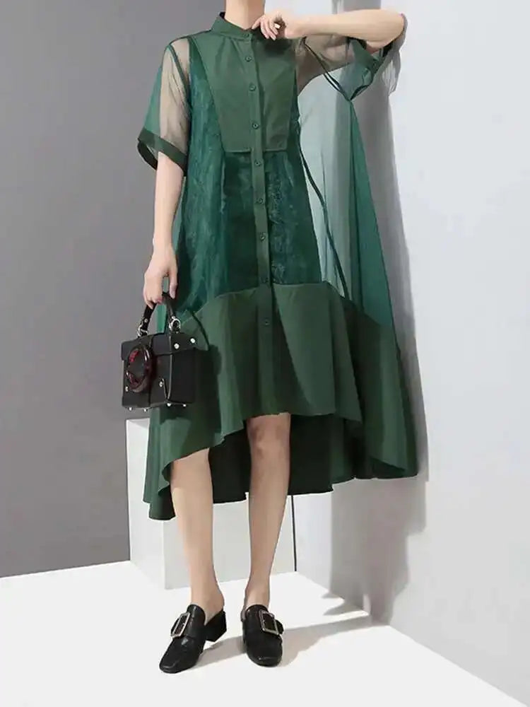 Women Green Organza Irregular Shirt Dress New Stand Collar Half Sleeve Loose Fit Fashion Tide Spring Summer 2025 JT581