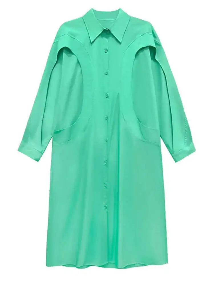 Women Green Rose Red Spliced Big Size Midi Shirt Dress New Lapel Long Sleeve Fashion Tide Spring Autumn 2025 1DH5167