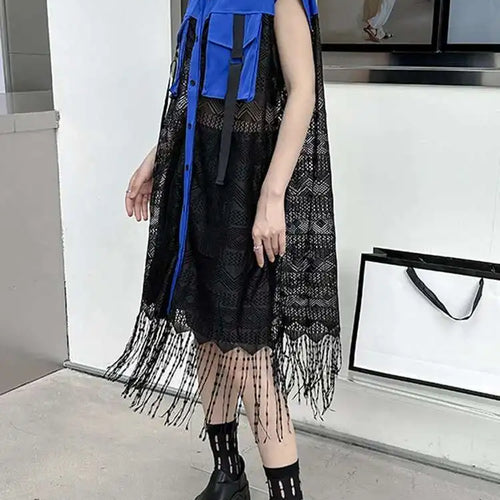 Load image into Gallery viewer, Women Army Green Lace Perspective Tassels Midi Shirt Dress New Lapel Sleeveless Fashion Tide Spring Summer 2025 1DH4540
