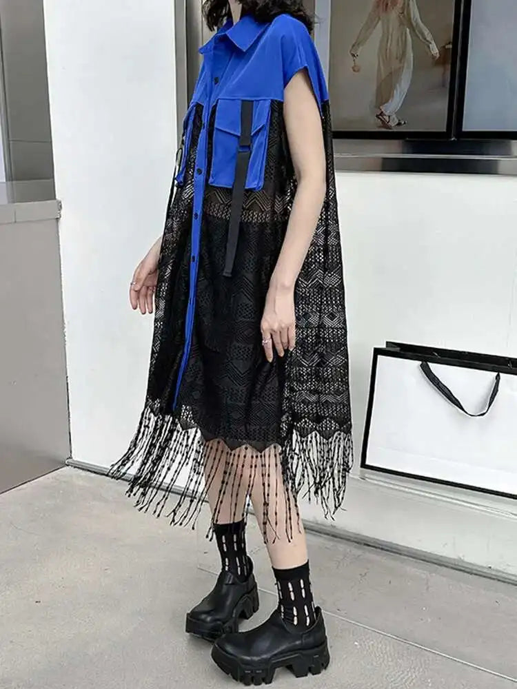 Women Army Green Lace Perspective Tassels Midi Shirt Dress New Lapel Sleeveless Fashion Tide Spring Summer 2025 1DH4540