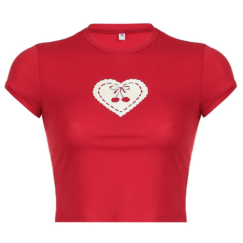 Load image into Gallery viewer, Casual Heart Cherry Print Crop Top Tee Cutecore Korean Style Short Sleeve T-shirts for Female Preppy Style Gilrs Y2K
