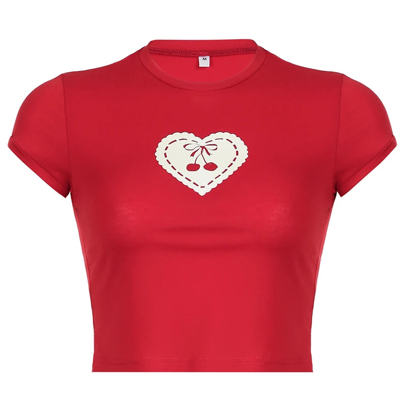 Casual Heart Cherry Print Crop Top Tee Cutecore Korean Style Short Sleeve T-shirts for Female Preppy Style Gilrs Y2K