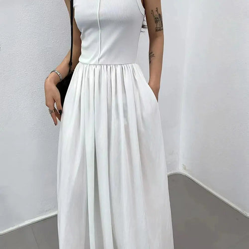 Load image into Gallery viewer, Summer Women White Casual High Waist Pleated Long Dress Lady Black Green Round Neck Sleeveless Sexy Slim Vest Dress Vestidos New
