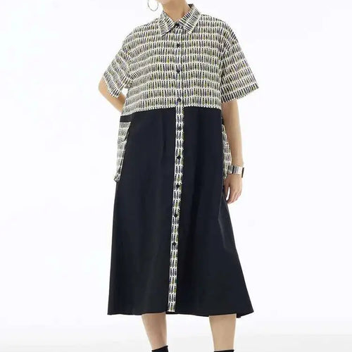 Load image into Gallery viewer, Women Black Printed Color-block Big Size Shirt Dress New Laple Short Sleeve Fashion Tide Spring Summer 2025 1DH6081
