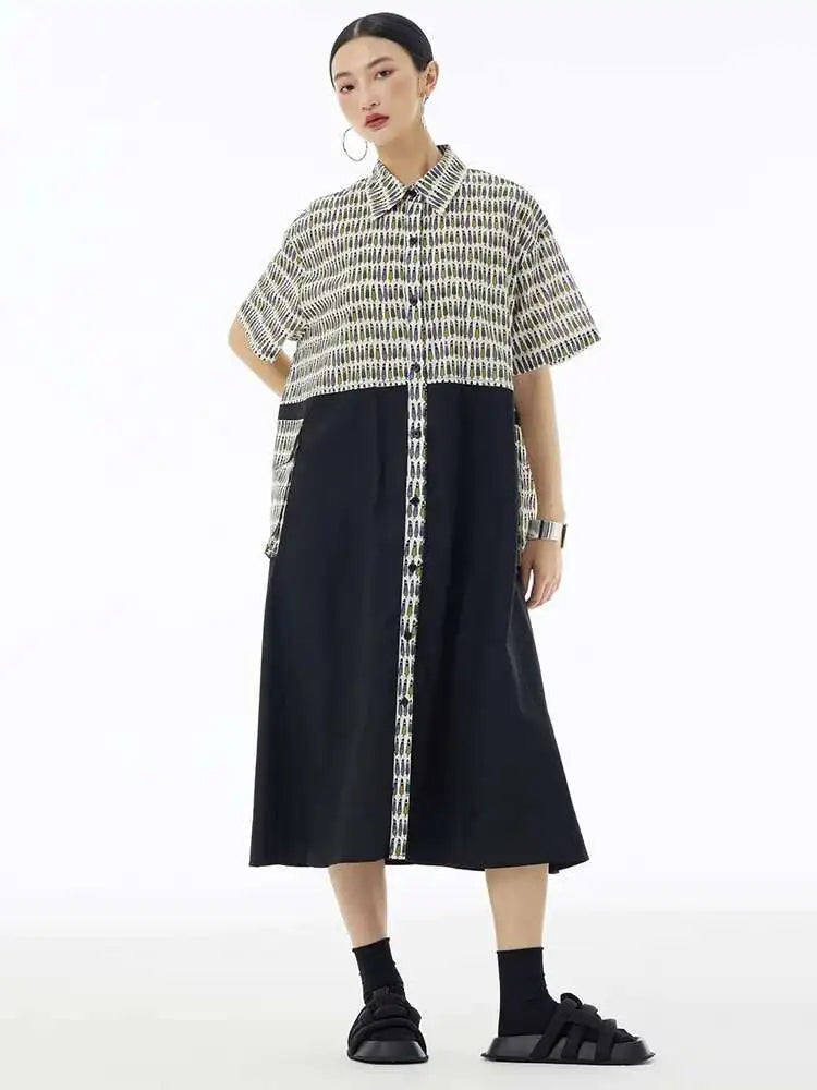 Women Black Printed Color-block Big Size Shirt Dress New Laple Short Sleeve Fashion Tide Spring Summer 2025 1DH6081