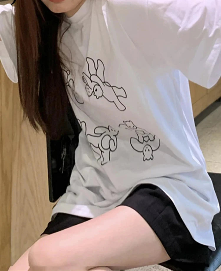 Summer Cute Cartoon T-shirts for Women White Black Top Female Kawaii Loose Simple Student T shirt Korean Clothes M-XL