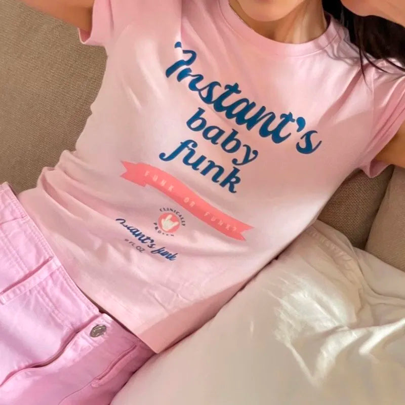 Y2k Aesthetics Pink T-shirt Korean Fashion Designer Clothes Kawaii Slim Crop Top Grunge Letter Print Short Sleeve Tshirt