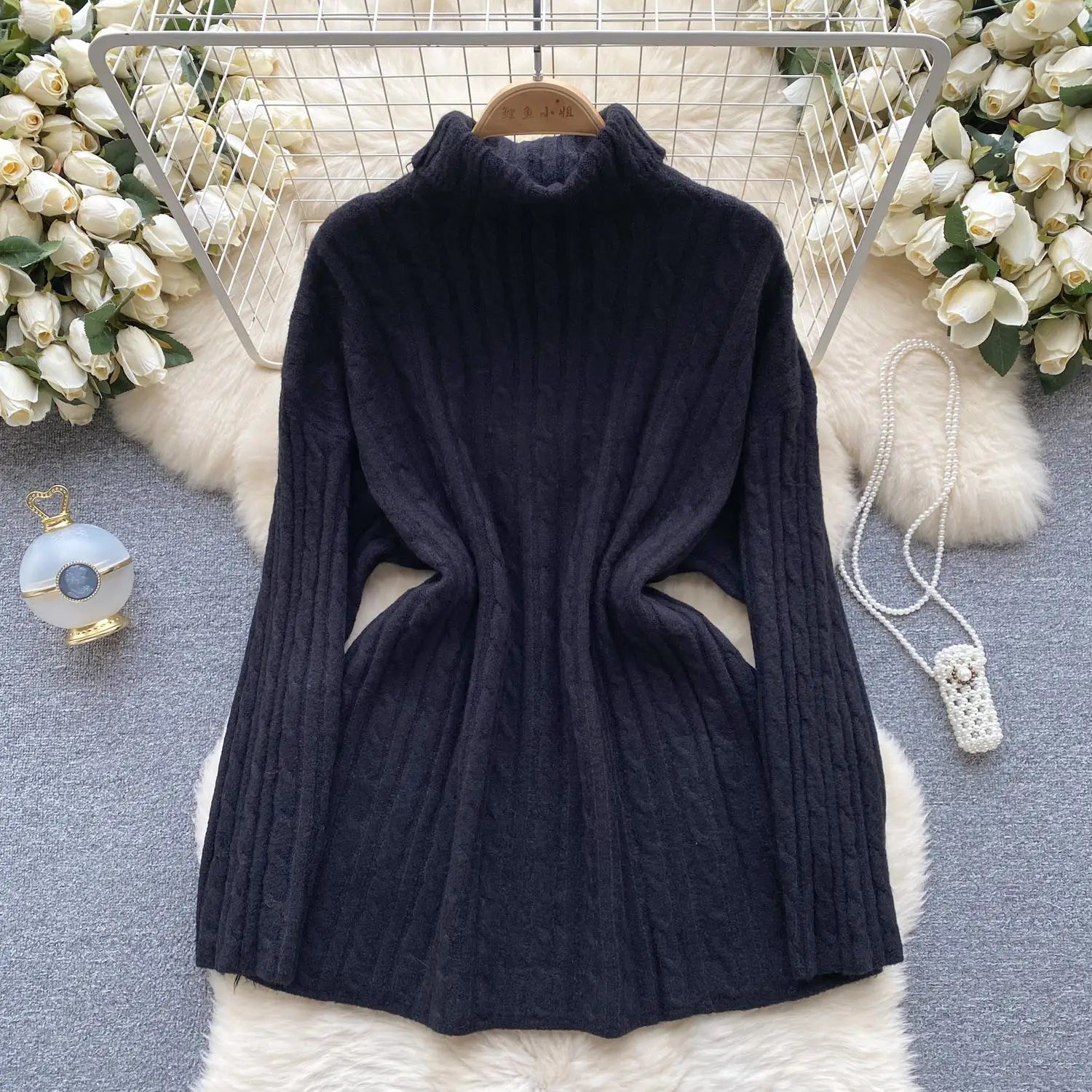 Autumn Winter Women's Solid Elegant High-neck Knitting Sweater Female Loose Thick Warm Long Sleeves Simple Crochet Pullover Tops