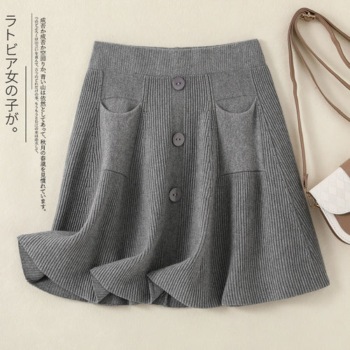 Load image into Gallery viewer, Autumn Winter Solid Slim Single Breasted Knitted Mini Pleated Skirts Women's Elastic High Waist A-line Short Skirt Sexy Club New
