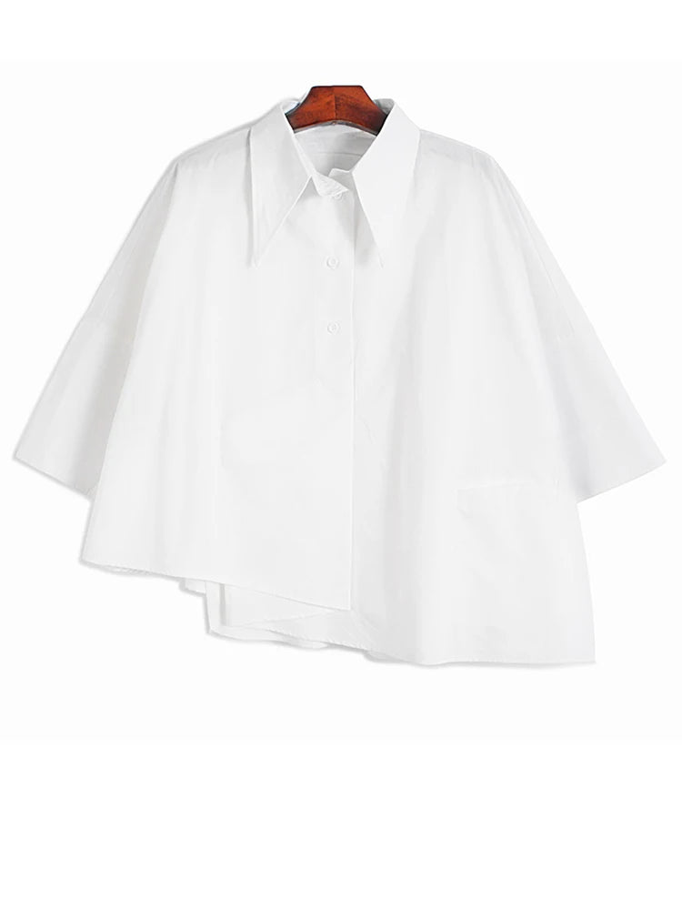 Women White Pleated Irregular Big Size Blouse New Lapel Three-quarter Sleeve Shirt Fashion Tide Spring Autumn 2025 1DH9796