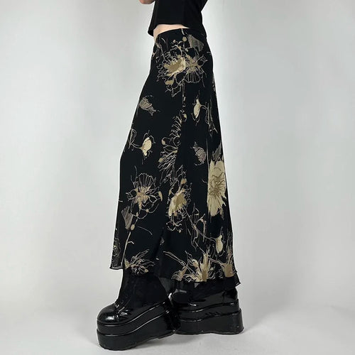 Load image into Gallery viewer, Vintage Gothic Low Rise Slim Long Skirt Women Mesh Patched Grunge Flowers Printing Chic Maxi Skirt Party Y2K Outfits
