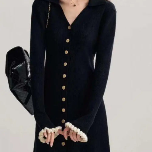 Load image into Gallery viewer, Spring Vintage Black Patchwork Elegant Office Knitted Short Dress Women's V-neck Slim Long Sleeve Single Breasted Mini Dress New
