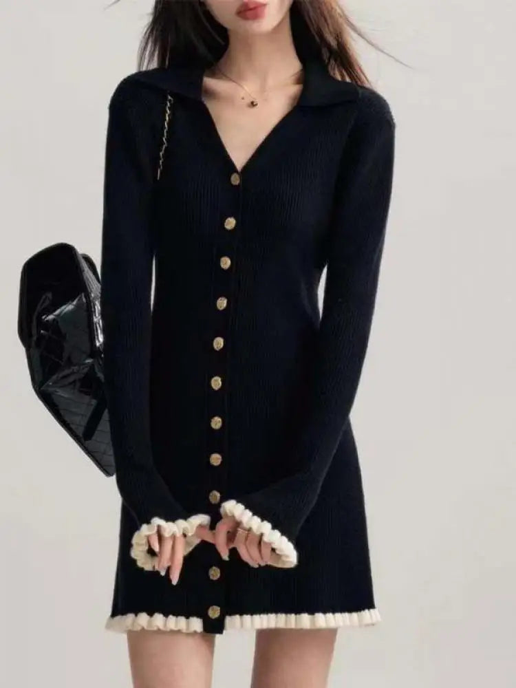 Spring Vintage Black Patchwork Elegant Office Knitted Short Dress Women's V-neck Slim Long Sleeve Single Breasted Mini Dress New