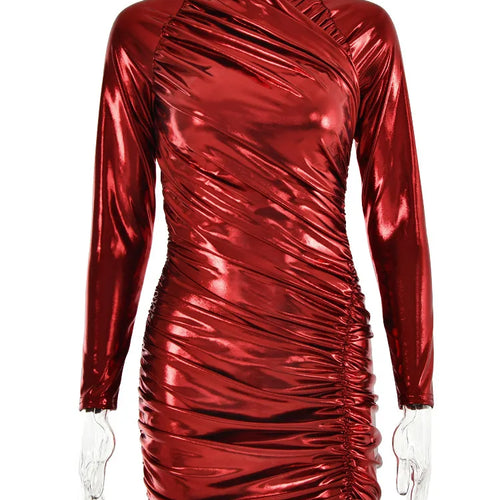 Load image into Gallery viewer, Autumn Leather Long Sleeve Pleated Dress For Women Zipper Tight Irregular Female Dress Party Club Sheath Vestidos 2023
