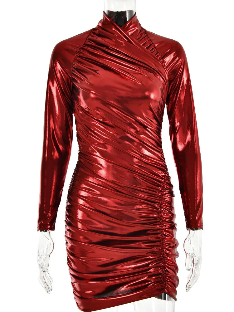 Autumn Leather Long Sleeve Pleated Dress For Women Zipper Tight Irregular Female Dress Party Club Sheath Vestidos 2023