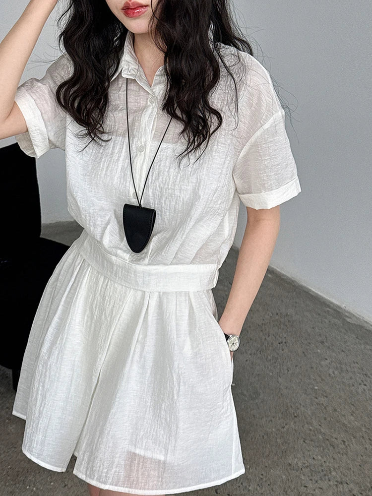 Beige Shirt Thin Half-body Skirt Two Pieces Suit New Lapel Short Sleeve Women Fashion Tide Spring Summer 2025 1DJ1239