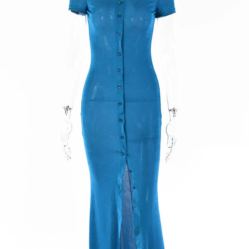 Load image into Gallery viewer, Summer Single-breasted Bodycon Maxi Dresses For Women Short Sleeve See Through Beach Dress Solid V-neck Party Vestidos
