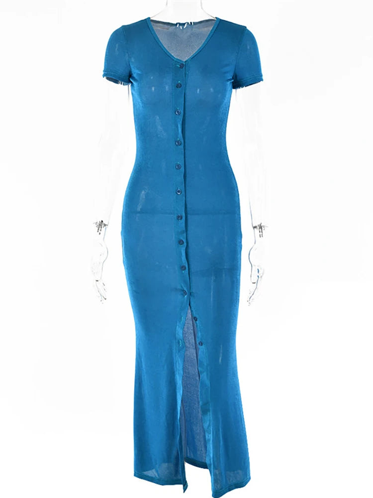 Summer Single-breasted Bodycon Maxi Dresses For Women Short Sleeve See Through Beach Dress Solid V-neck Party Vestidos
