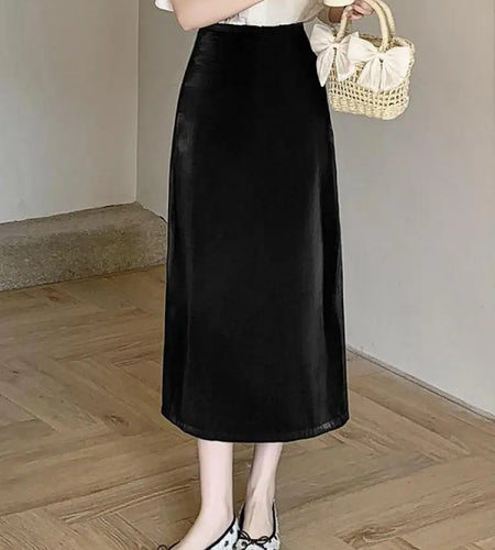Spring Summer Korean Fashion Black Elegant Office Long Skirts For Women Red High Waisted Holiday Straight Half Skirt Simplicity