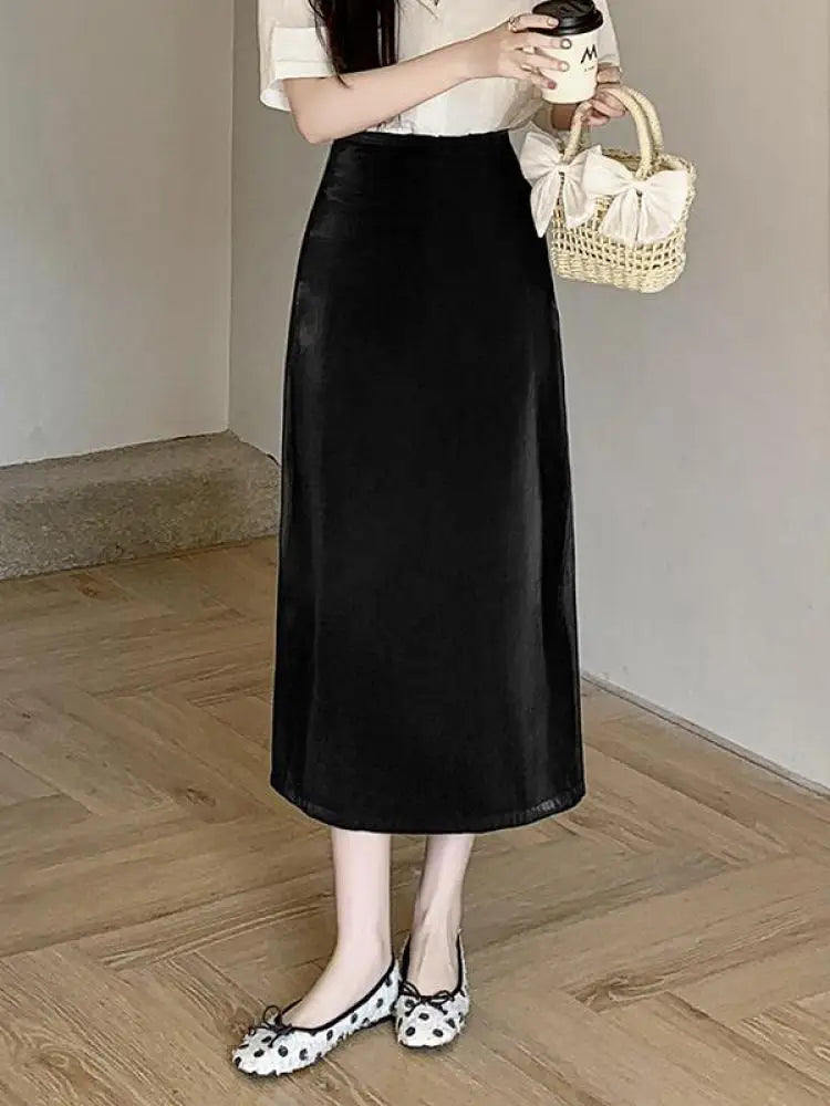 Spring Summer Korean Fashion Black Elegant Office Long Skirts For Women Red High Waisted Holiday Straight Half Skirt Simplicity
