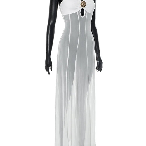 Load image into Gallery viewer, See Through Spaghetti Strap Sexy Maxi Dress For Women Gown Summer New Metal Buckle Sleeveless Backless Beach Long Dress
