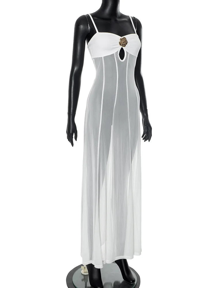 See Through Spaghetti Strap Sexy Maxi Dress For Women Gown Summer New Metal Buckle Sleeveless Backless Beach Long Dress
