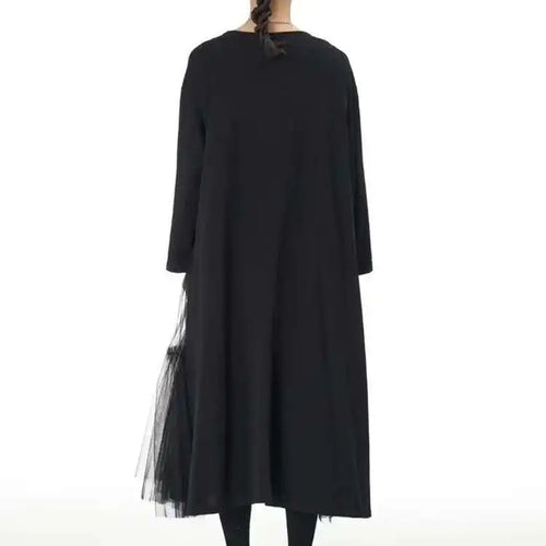 Load image into Gallery viewer, Women Black Mesh Spliced Big Size Midi Casual Dress New Round Neck Long Sleeve Fashion Tide Spring Autumn 2025 1DH8296
