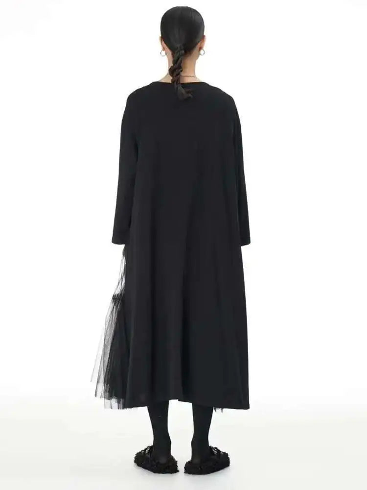 Women Black Mesh Spliced Big Size Midi Casual Dress New Round Neck Long Sleeve Fashion Tide Spring Autumn 2025 1DH8296