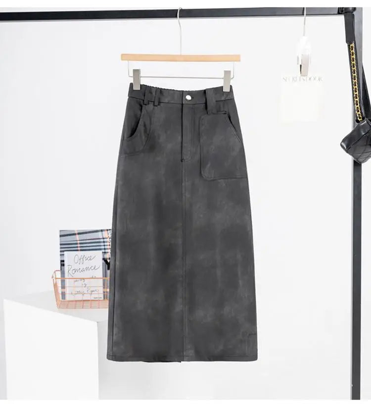 Retro 2024 Autumn Black Sexy Slim Women Split Pu Leather Skirts Fashion Brown Elegant High Waist Versatile Wrap Hip Midi Skirt