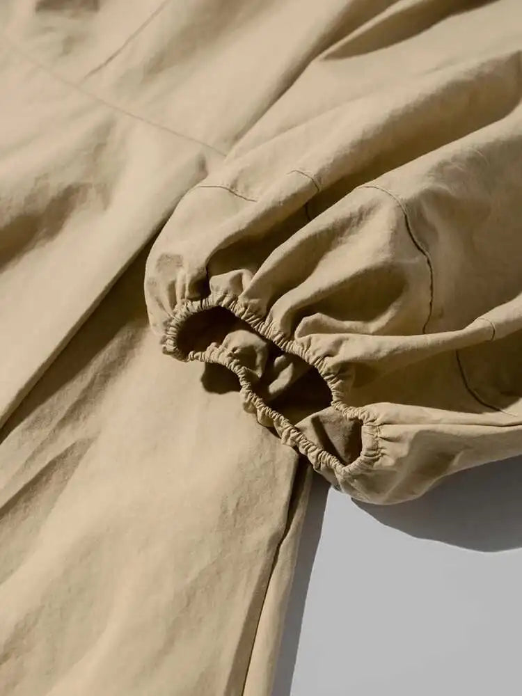 Women Kahki Elegant Big Size Long Dress New V-Neck Long Lantern Sleeve Loose Fit Fashion Tide Spring Autumn 2025  1DH0488